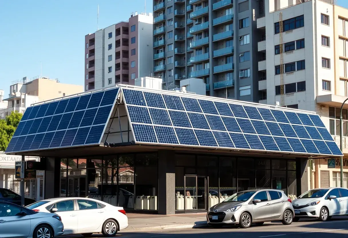 Prédio comercial em Goiânia com cobertura de placas fotovoltaicas
