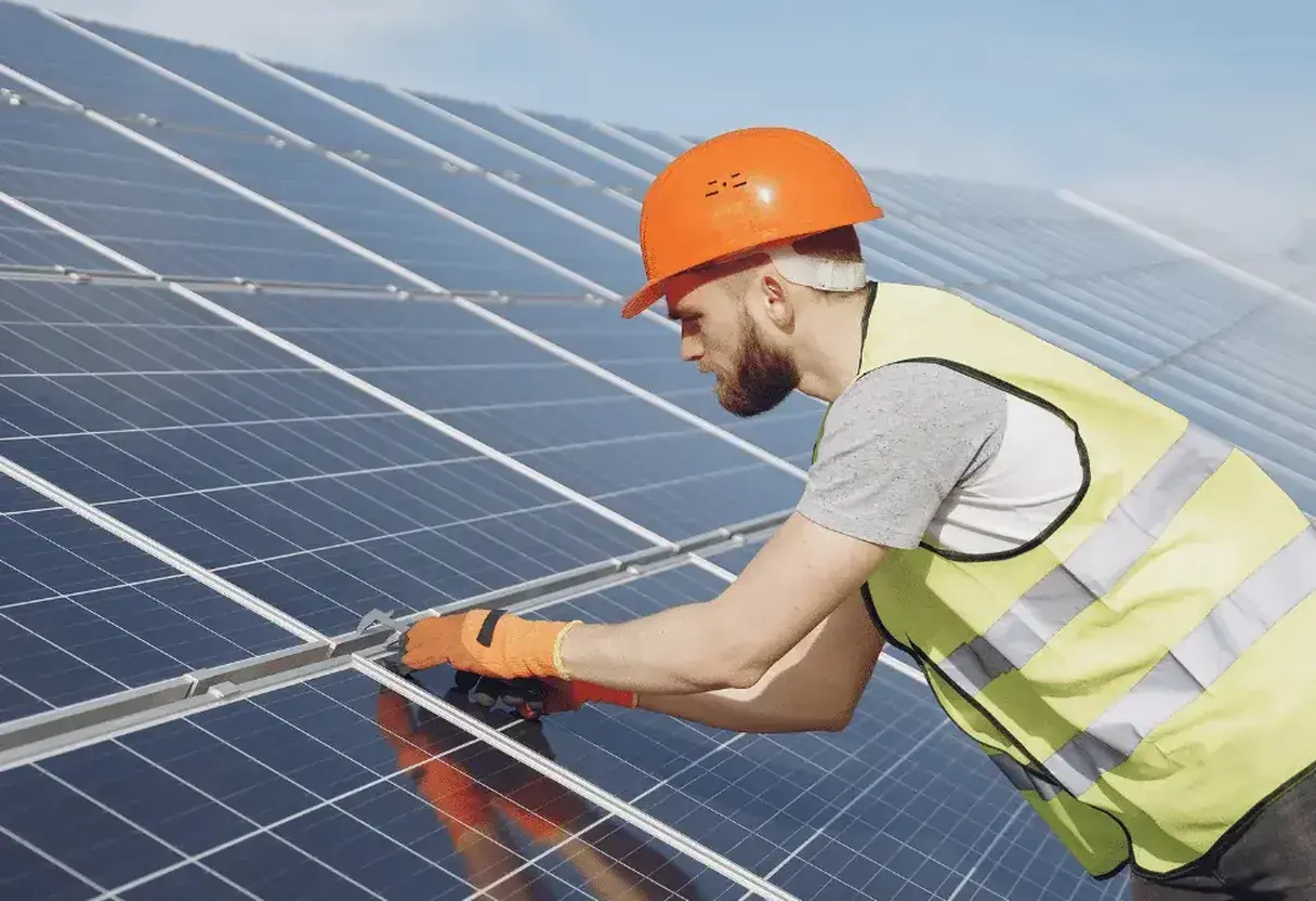 Instalação de energia solar em telhado em Goiânia ao amanhecer, com a cidade ao fundo